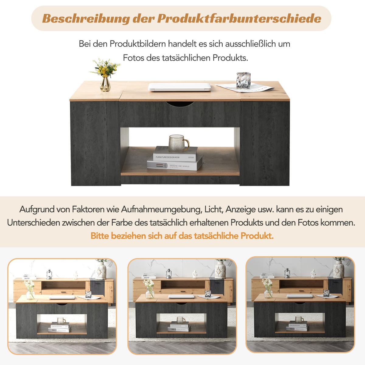 COUCHTISCH DE-088 Liftfunktion Grau/Holzoptik - Grau, Holzwerkstoff (60/110/57cm) - ComfortXL