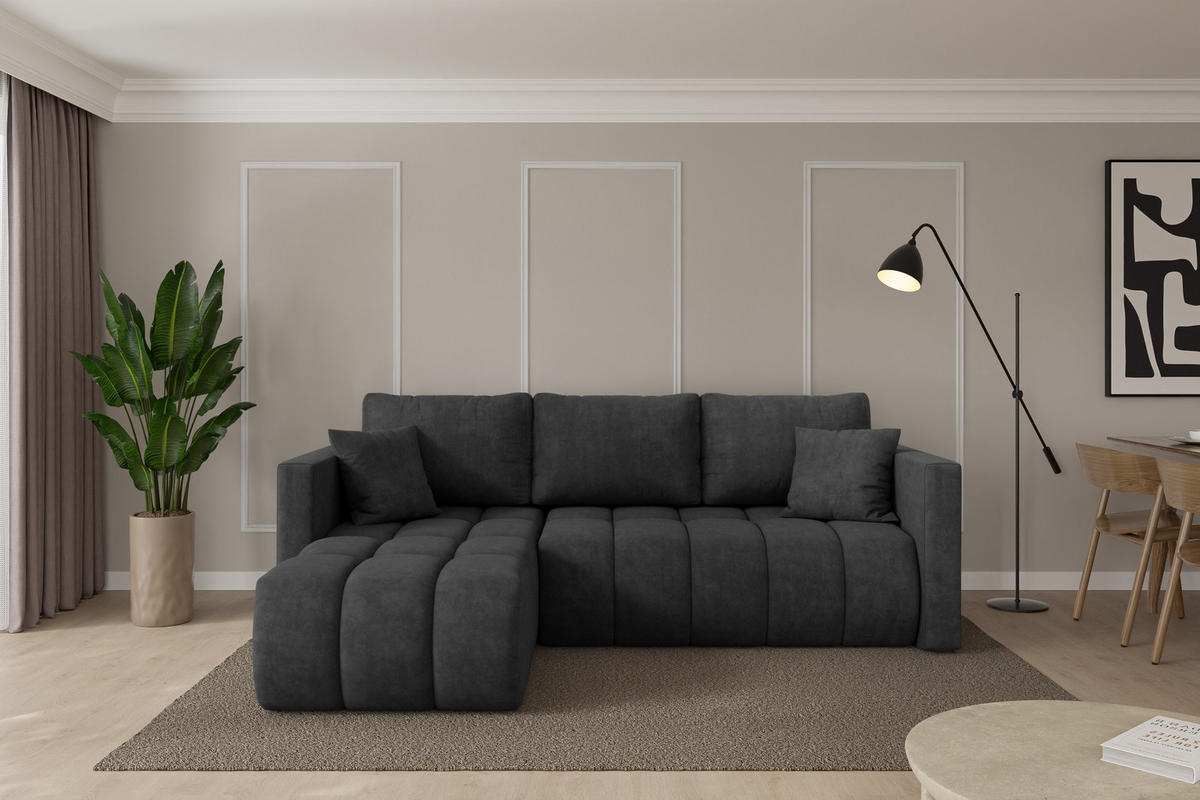 ROHOVÁ SEDAČKA s funkcí spaní, otoman vlevo GARD-L 226x146x85 tmavě šedá velur - černá/antracitová, kompozitní dřevo/textil (226/146cm) - ALTDECOR