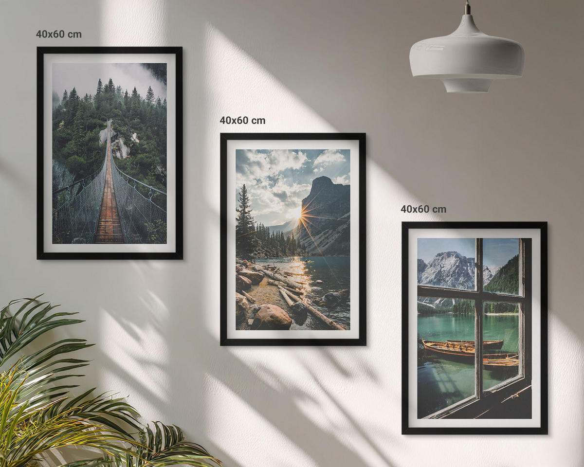 BILDER SET 3er Set - 40x60 cm Schwarzer Rahmen - Brücke, Wald, See, Boote, Berge - Schwarz, Kunststoff (40/60cm) - TULUP