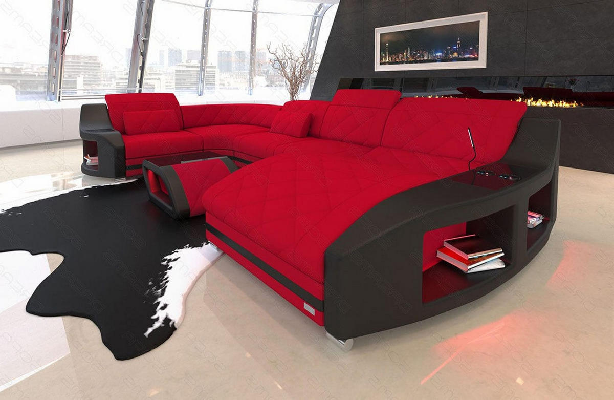 WOHNLANDSCHAFT Stoff Sofa Swing U Form Rot Schwarz Mikrofaserstoff - Rot, Kunststoff (404/90/220cm)