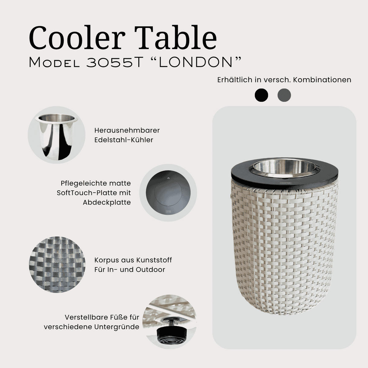 BEISTELLTISCH MIT EDELSTAHL-KÜHLER London Champagner/Schwarz 50 cm - Champagner/Schwarz, Kunststoff (34/34/50cm) - COOTAB Cooler Table