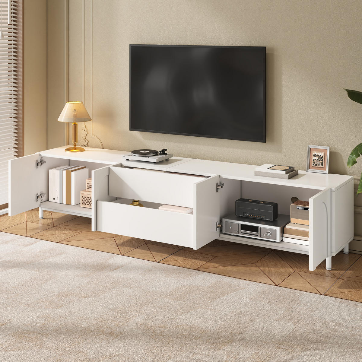 TV-SCHRANK 4 Türen 2 Schubladen Bogen Türen Modern - Weiß, Holzwerkstoff (180/48/40cm) - FLIEKS