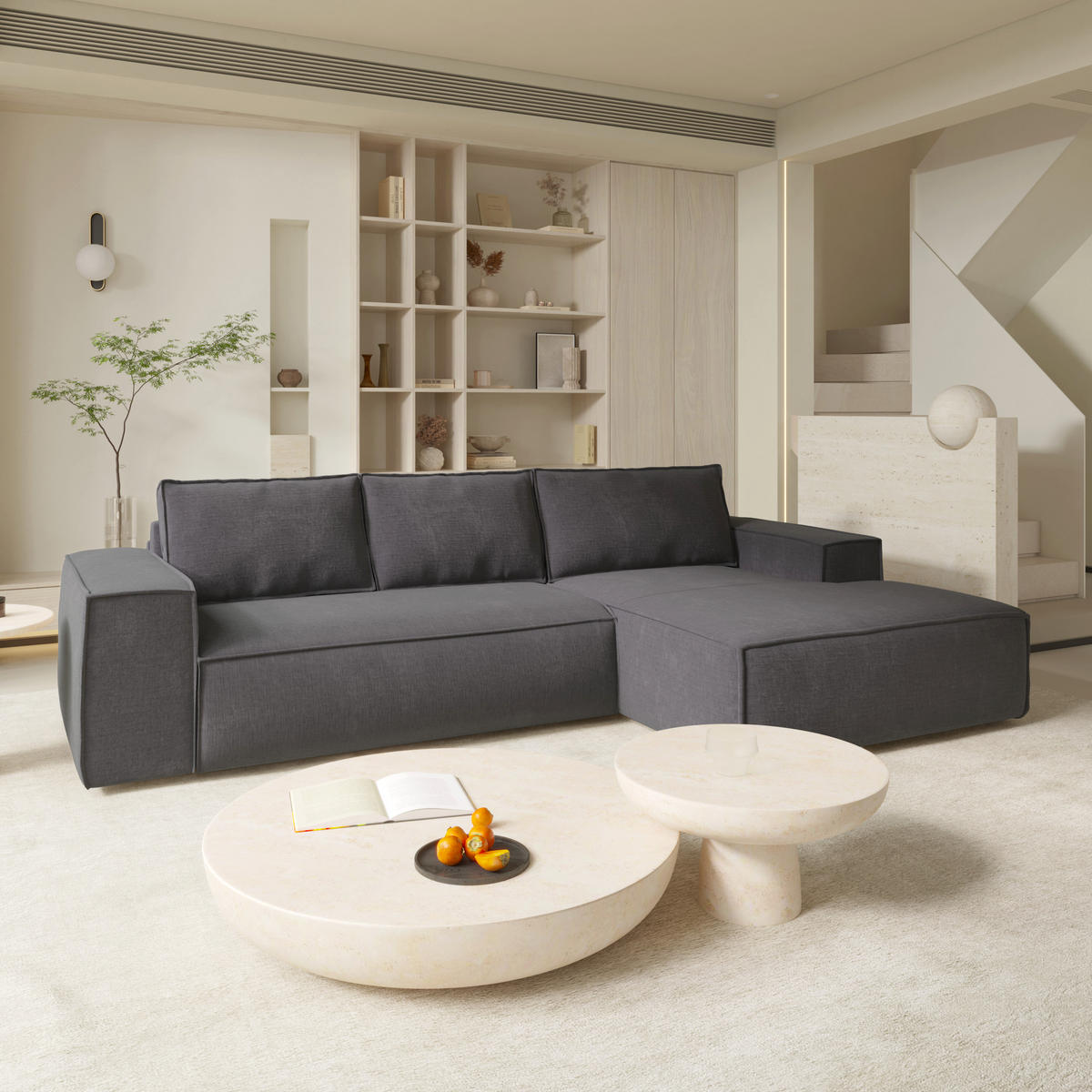 ECKSOFA RECHTS Samt Grau 302cm - Grau, Textil (302/165cm) - Sia Home