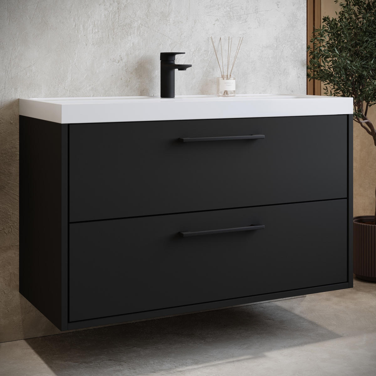 BADMÖBEL-SET Florence 2 Teile Matt Schwarz - 80 x 35 x 51 cm - Schwarz, Holz (80/55/40cm) - Badplaats
