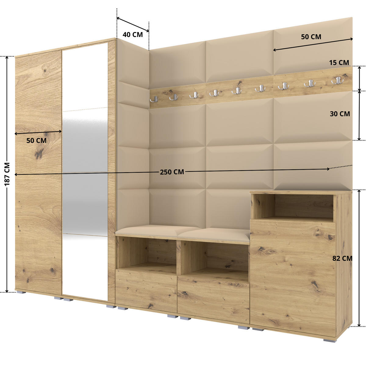 GARDEROBE NELA VIII 250 cm (Modulare Flurmöbel Artisan Eiche mit Spiegel & Sitzpolster Beige 04 Set XL) - Beige/Silberfarben, Holz/Holzwerkstoff (250/187/40cm) - Ravio
