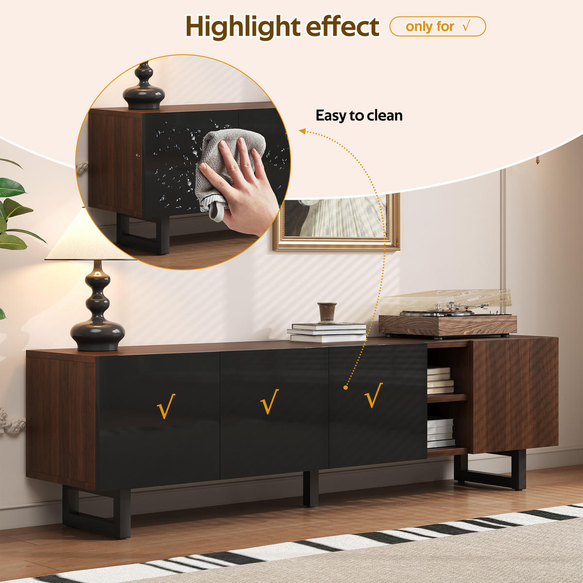 TV-SCHRANK Schwarz/Natur 180/38/50 cm Vier Türen Grifflos Hochglanz - Schwarz, Karton (38/50/180cm) - PANGIVO