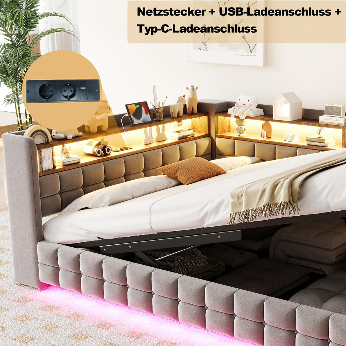 POLSTERBETT Hellgrau 140×200cm mit hydraulischem Stauraum, Holzregal, LED-Lichtleiste und Ladeanschlüssen - Hellgrau, Textil (140/200cm) - Luhomfu