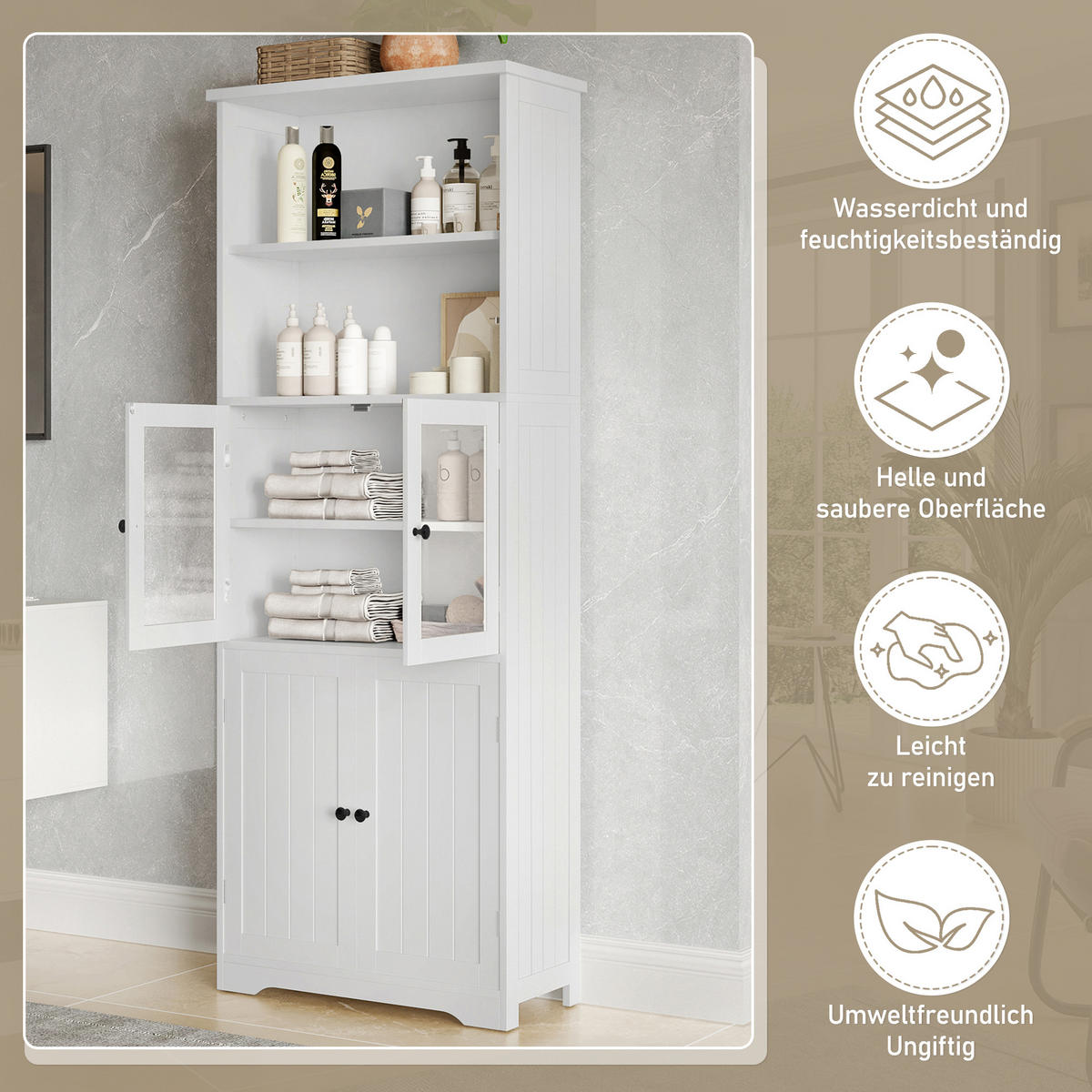 BADEZIMMER-HOCHSCHRANK 57,4×28,5×160 cm, weiß, lackiert, mit Glas- und Holztür, 2 offenen Fächern und verstellbaren Einlegeböden, schlicht - Weiß, Holz (28.5/160/57.4cm) - Ej. Life