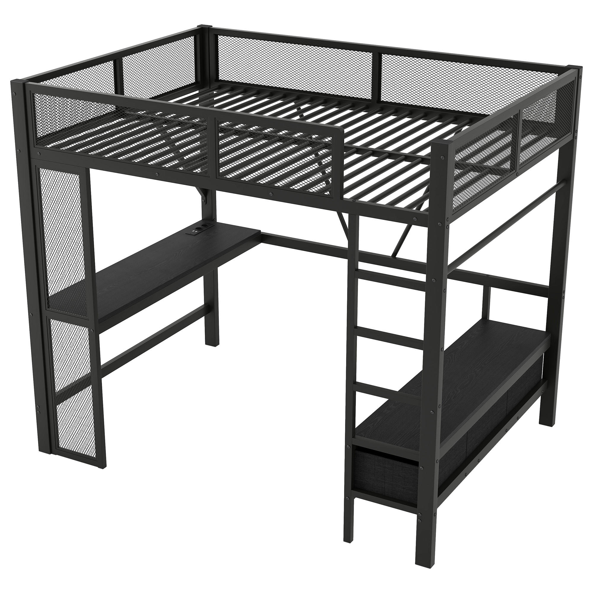 HOCHBETT 140/200 cm DE-03415, mit LED, Schreibtisch, offenem Kleiderschrank und 3 Schubladen, in Schwarz - Schwarz, Holzwerkstoff/Metall (140/200cm) - ComfortXL