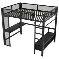 HOCHBETT 140/200 cm DE-03415, mit LED, Schreibtisch, offenem Kleiderschrank und 3 Schubladen, in Schwarz - Schwarz, Holzwerkstoff/Metall (140/200cm) - ComfortXL