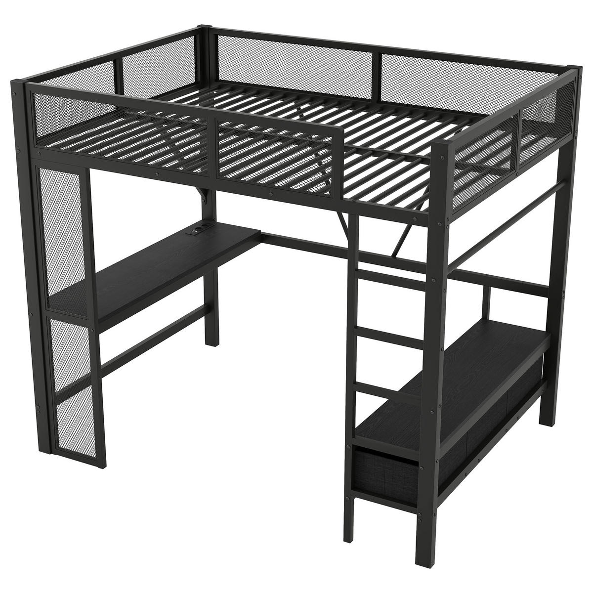 HOCHBETT 140/200 cm schwarz aus Metall mit LED und Schreibtisch - Schwarz, Holzwerkstoff (140/200cm) - OKWISH