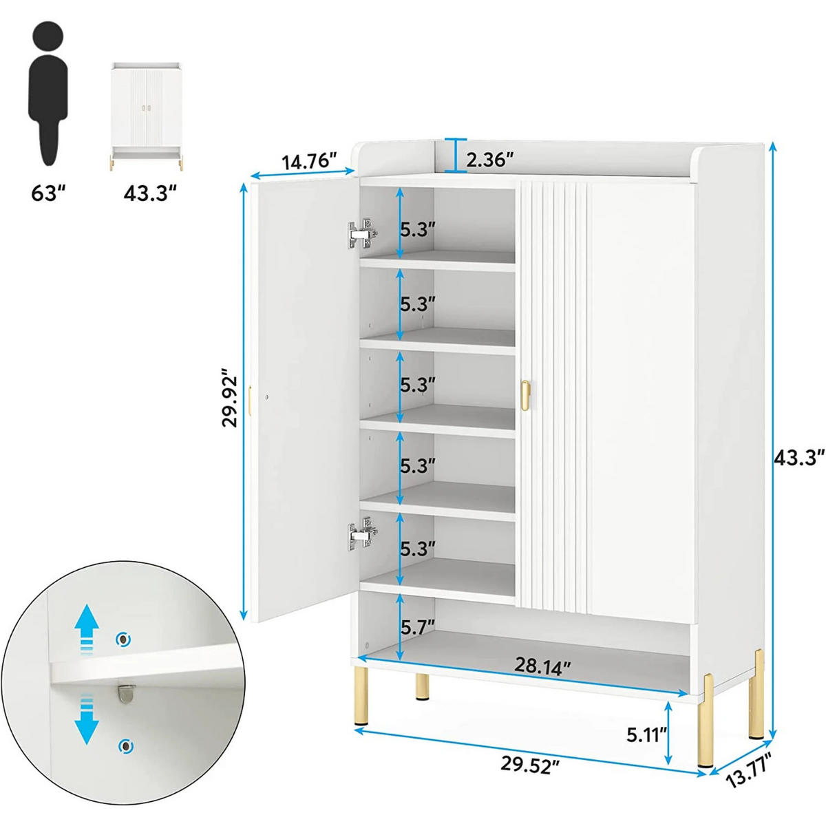 SCHUHSCHRANK Weiß 75/35/110 cm - Weiß, Holzwerkstoff (75/111/36cm) - Quality Elegance