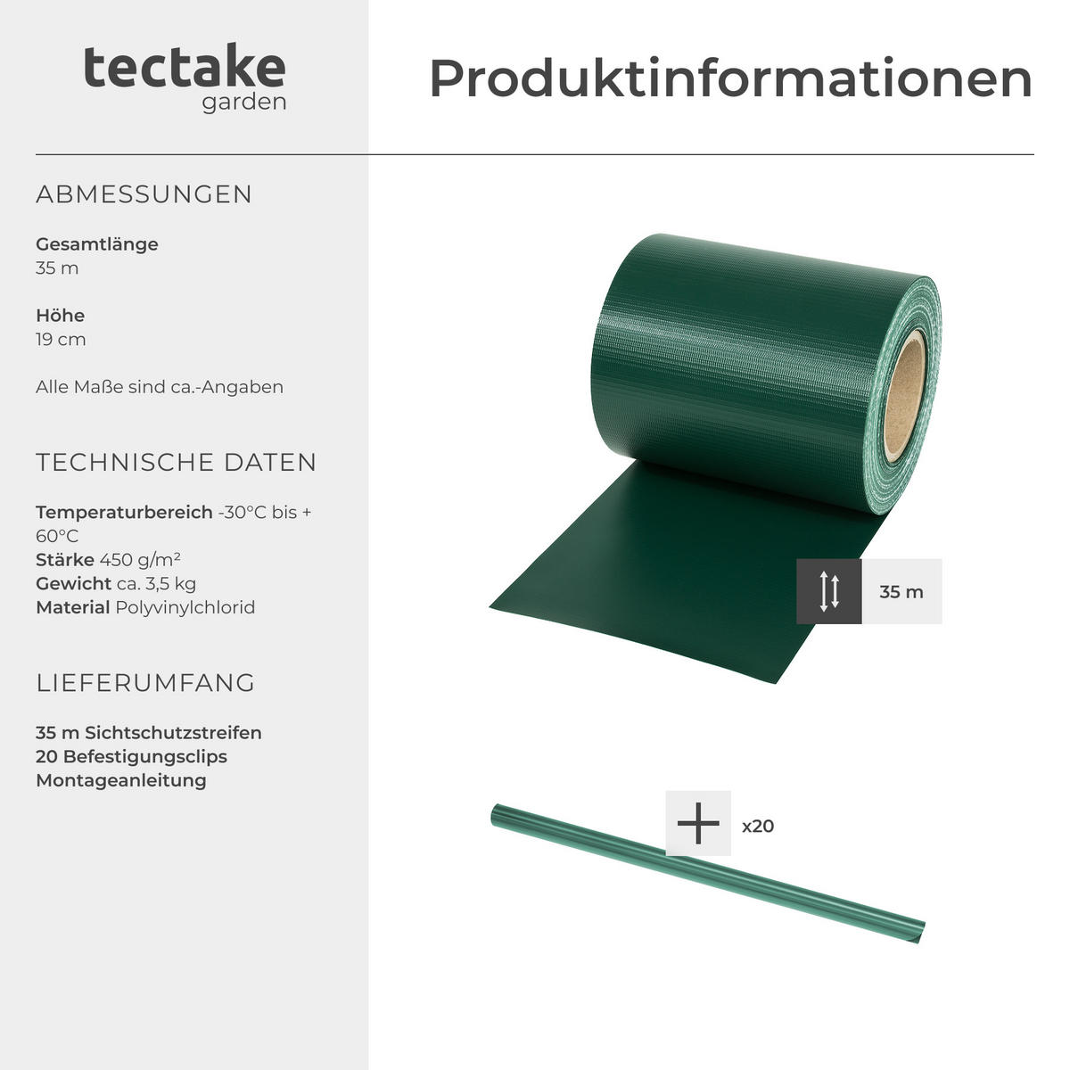 SICHTSCHUTZSTREIFEN ,leichte Montage, inklusive Befestigungsclips,grün - Dunkelgrün, Kunststoff (3500/19cm) - tectake