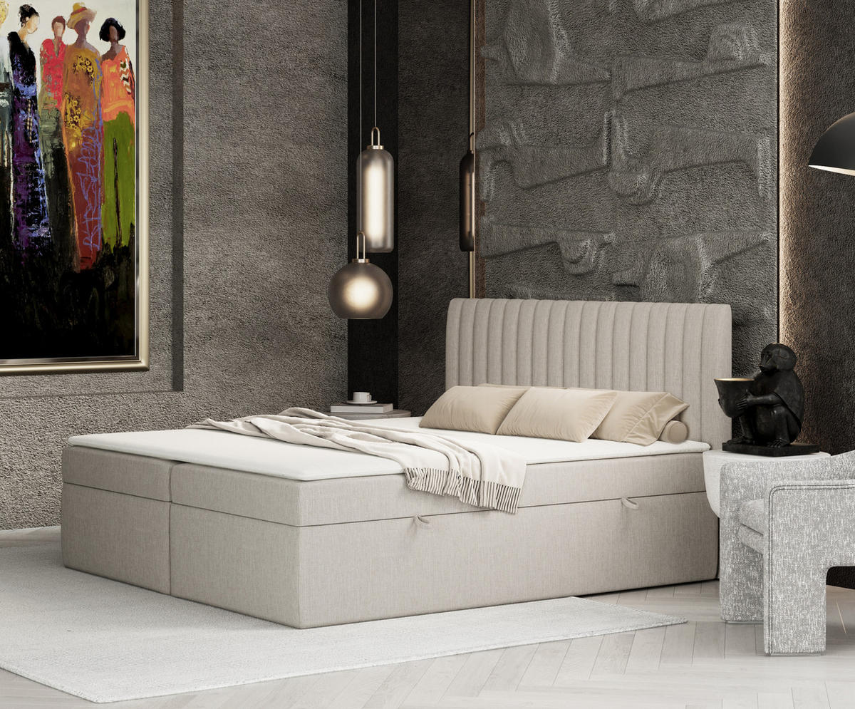 BOXBETT Spencer Beige 180/200 cm mit Matratze und Topper - Beige/Schwarz, Holz/Holzwerkstoff (180/200cm) - Maison de Reve