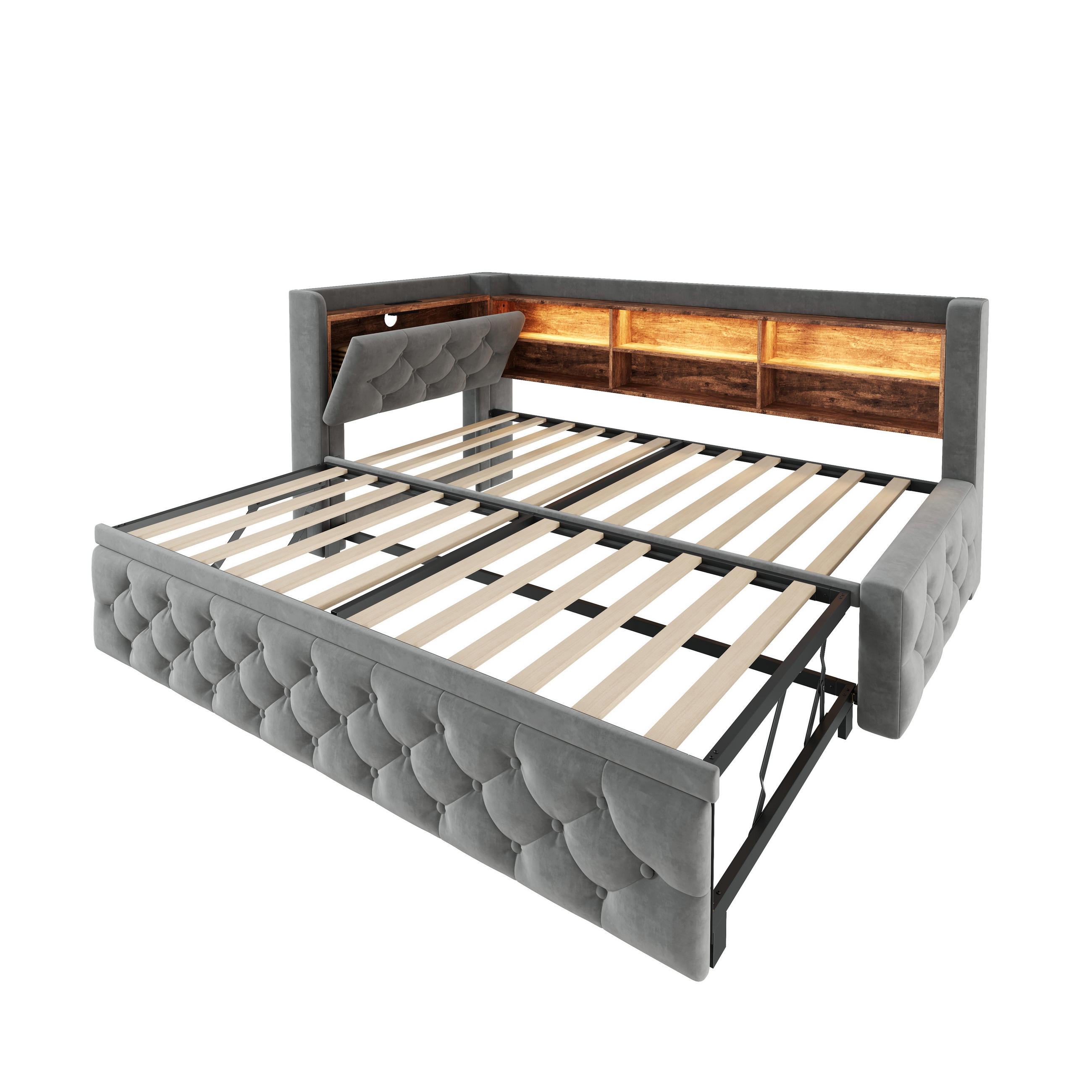 TAGESBETT Ausziehbar 90/180x190cm, Samt, LED/USB/Stauraum, Dunkelgrau - Dunkelgrau, Holz/Textil - LVHOM