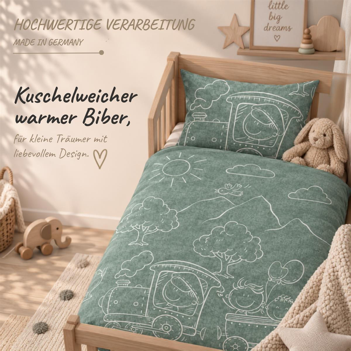 BIBER-BETTWÄSCHE 100x135 Baby - Made in Germany! Flauschig warmer Flanell Kinder Bettbezug aus 100% Baumwolle für Herbst & Winter - Lokomotive Grün - Grün, Textil (100/135cm) - Carpe Sonno