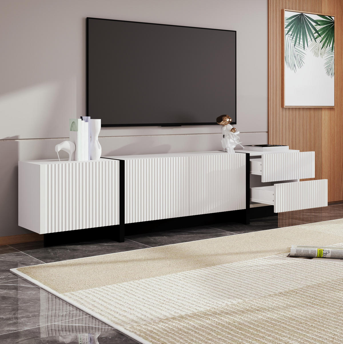 TV-SCHRANK mit 3 Türen und 2 Schubladen 190 cm MDF Schwarz Weiß - Schwarz, Holzwerkstoff (35/45/190cm) - Beauniv