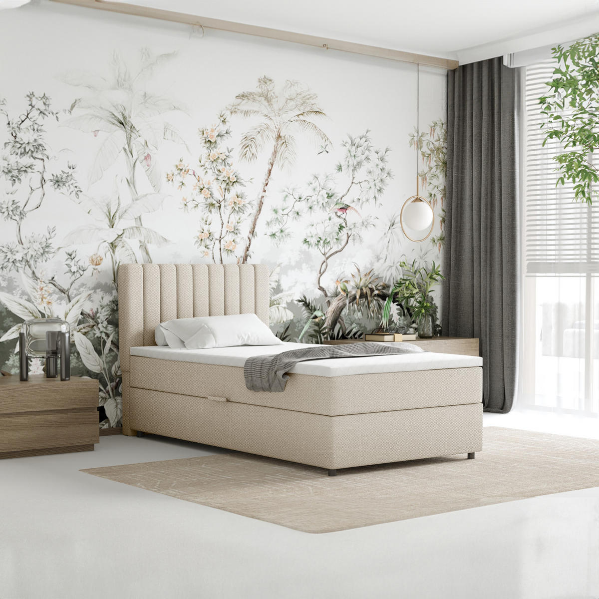 BOXBETT Everest 100 x 200 cm Einzelbett mit hochwertiger Bonell-Matratze und Topper - Beige, Holz (100/200cm) - Panda Möbel