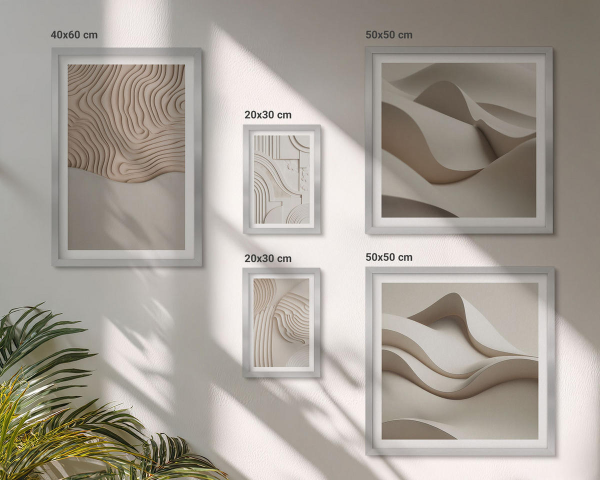 WANDBILDER 5er Set - 50x50 cm & 20x30 cm & 40x60 cm Silberner Rahmen - Abstrakte Wellen auf dem Sand - Silberfarben, Kunststoff (40/60cm) - ArtPrintCave