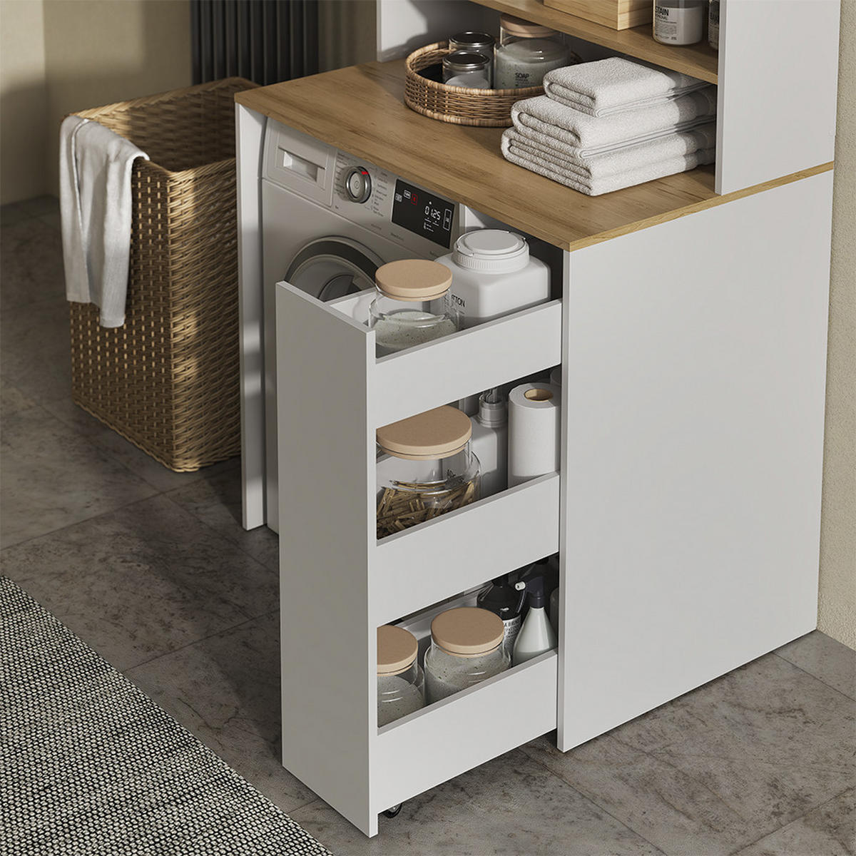 WASCHMASCHINENSCHRANK Viktor, Weiß/Artisan-Eiche, 93.6 x 88.2 cm 2 Teile mit Rollregal - Weiß/Eiche Artisan, Holzwerkstoff (93.6/88.2/60cm) - Vicco
