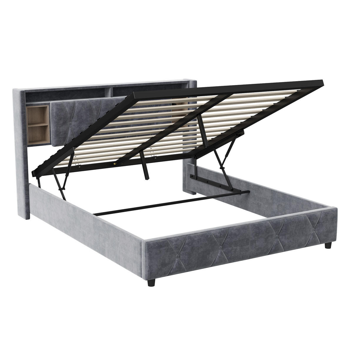 POLSTERBETT 160/200 cm mit Stauraum‑Kopfteil, LED‑Beleuchtung & USB‑Anschluss, Samtbett mit integrierter Ablage - Grau, Holz/Metall (160/200cm) - Joyfair