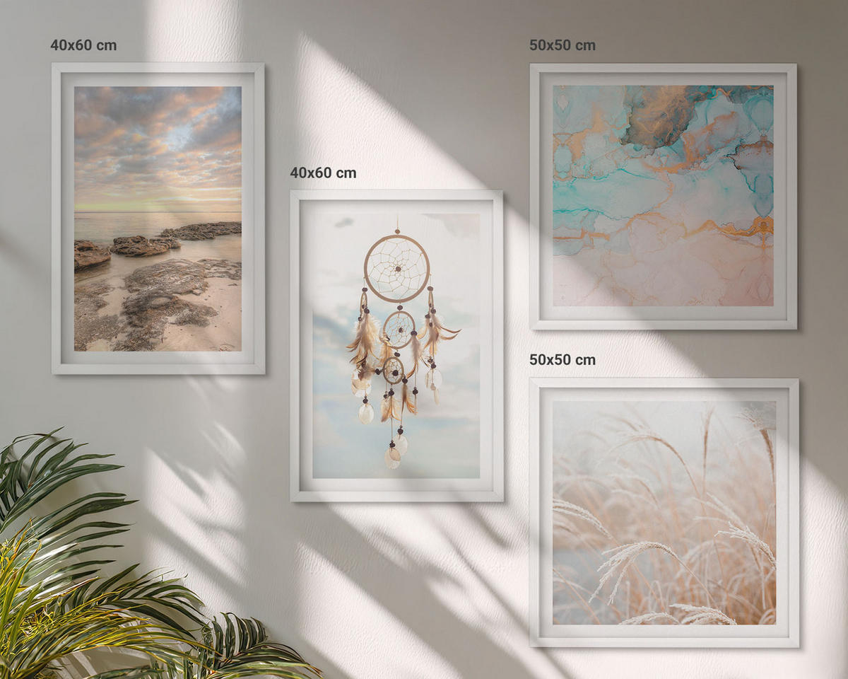 BILDER SET 4er Set - 50x50 cm & 40x60 cm Weißer Rahmen - Wolkenmeer, Traumfänger, Gras - Weiß, Kunststoff (50/50cm) - TULUP
