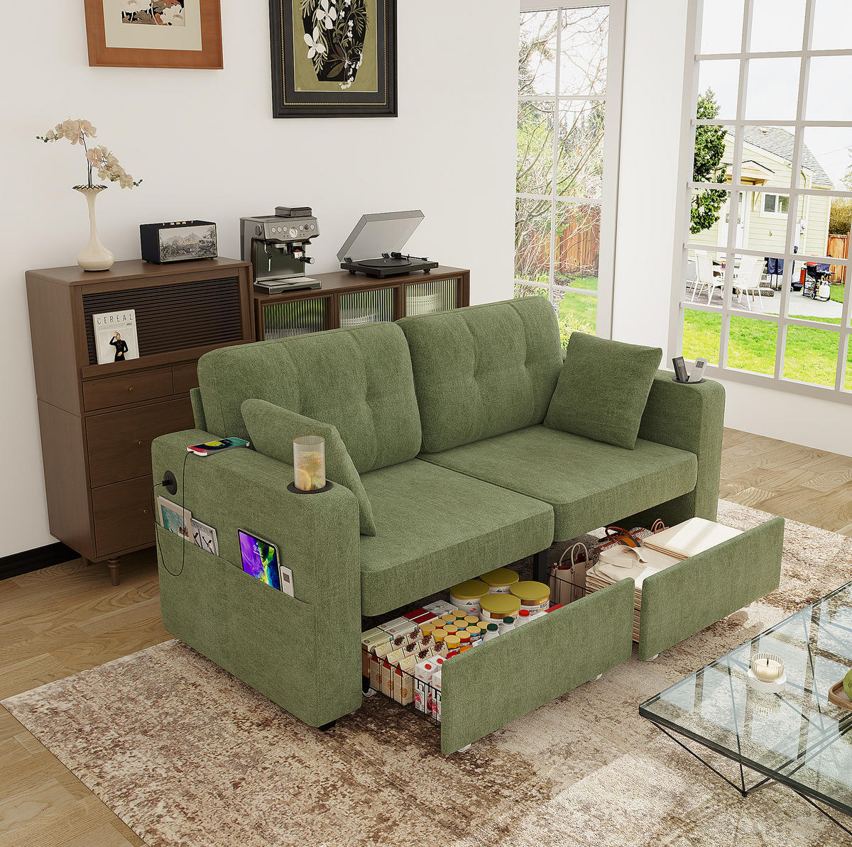SOFA mit Stauraumschubladen und USB 172 x 75 x 82 cm Chenille Olive - Olivgrün, Holzwerkstoff (172/82/75cm) - Meubliv
