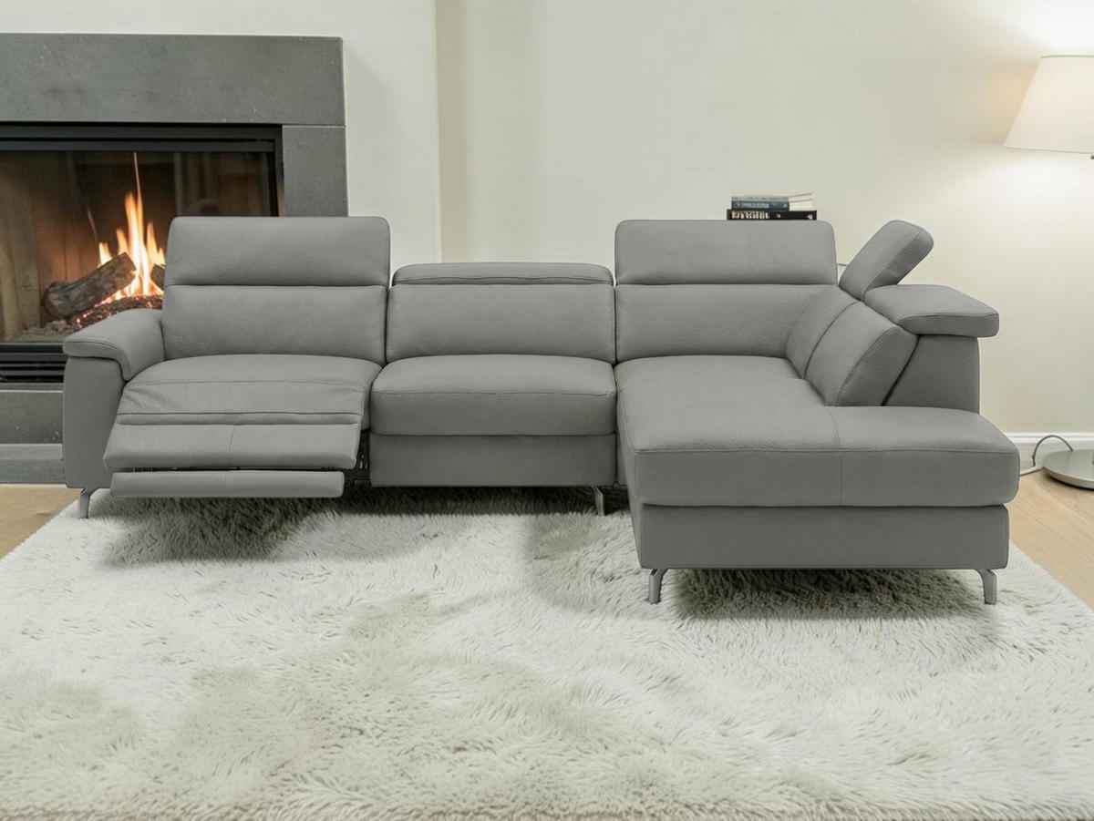 ECKSOFA Ambassador Echtleder mit 1 x Relaxfunktion Perlgrau - Hellgrau, Leder/Metall (272/224cm)