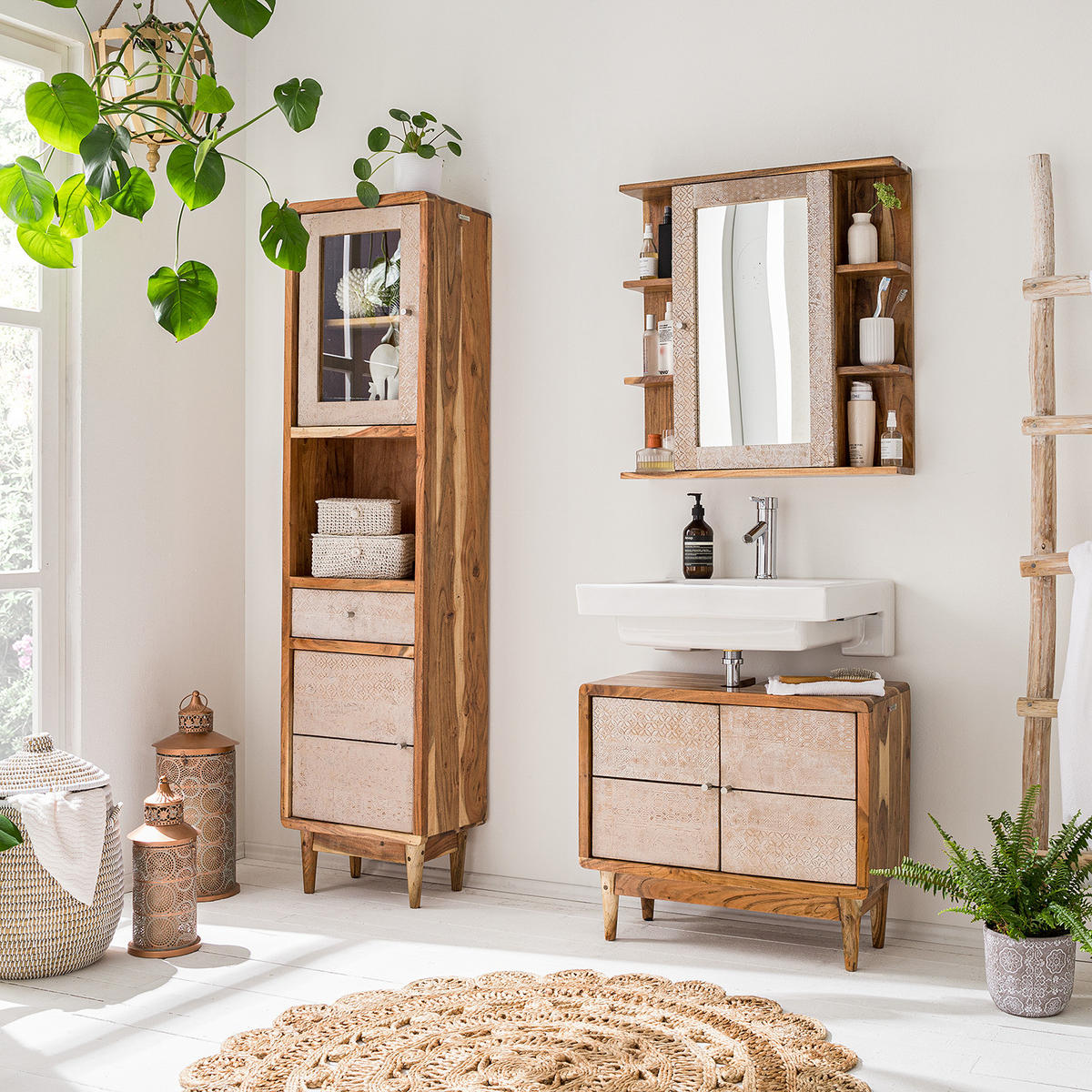 BADEZIMMERSET - 3-teilig - Akazie teilmassiv - Ecru / Akazie - Akaziefarben, Holz/Holzwerkstoff (130/180/30cm) - home24