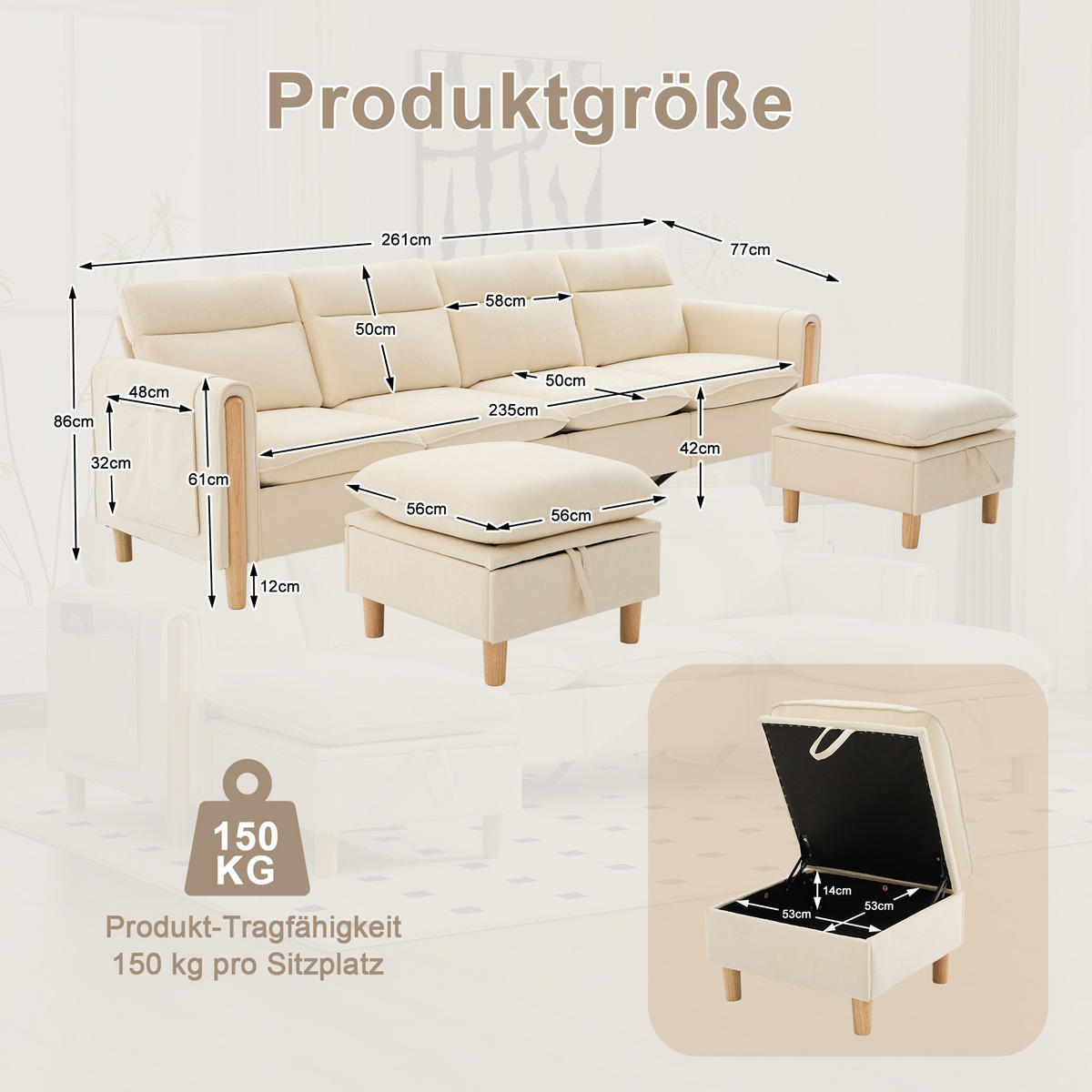 WOHNLANDSCHAFT DE-33935 modular mit Stauraumhockern Beige - Beige, Holz (77/86/261cm) - ComfortXL