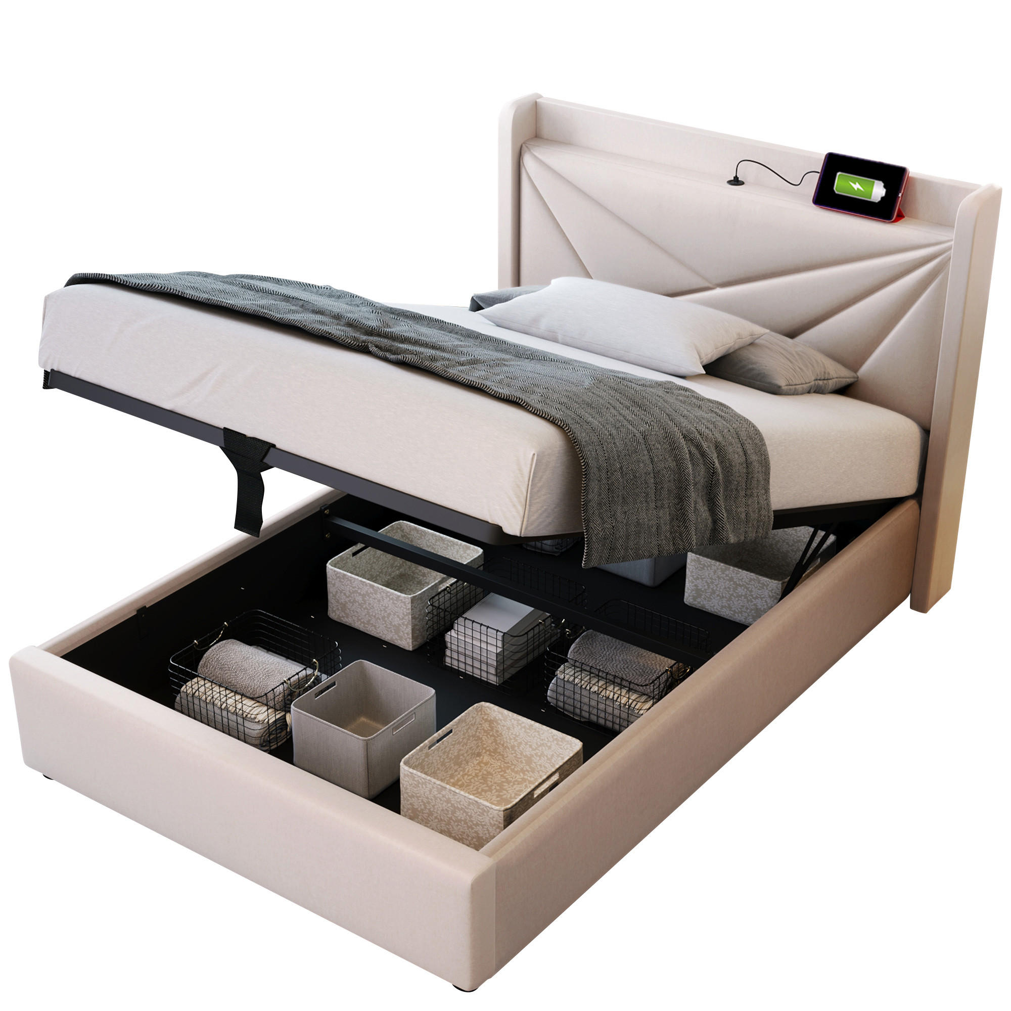 POLSTERBETT 90/200 cm Beige aus Linen mit Stauraum und USB/Typ-C mit Matratze - Beige, Textil (90/200cm) - OKWISH