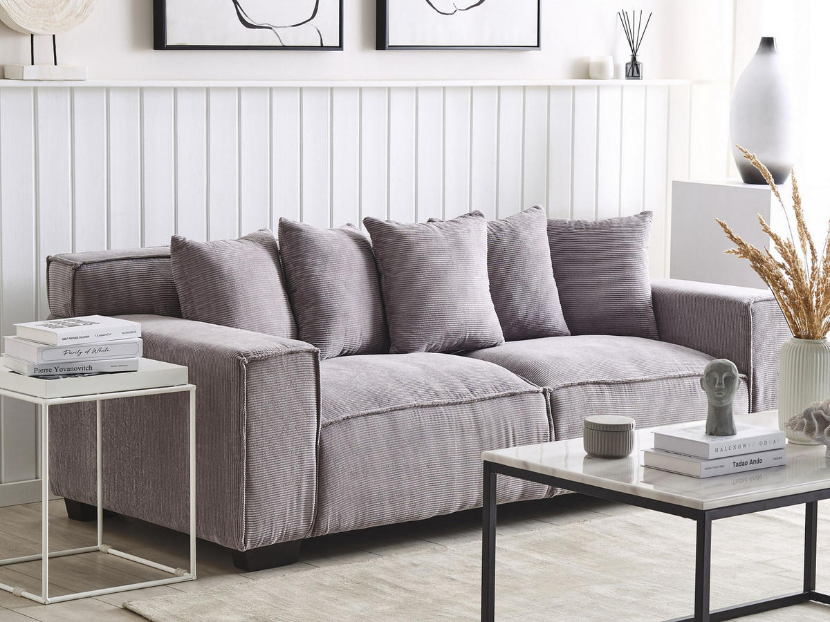 3-SITZER-SOFA Cord Hellgrau Viskan - Hellgrau, Textil (200/67/82cm) - Beliani