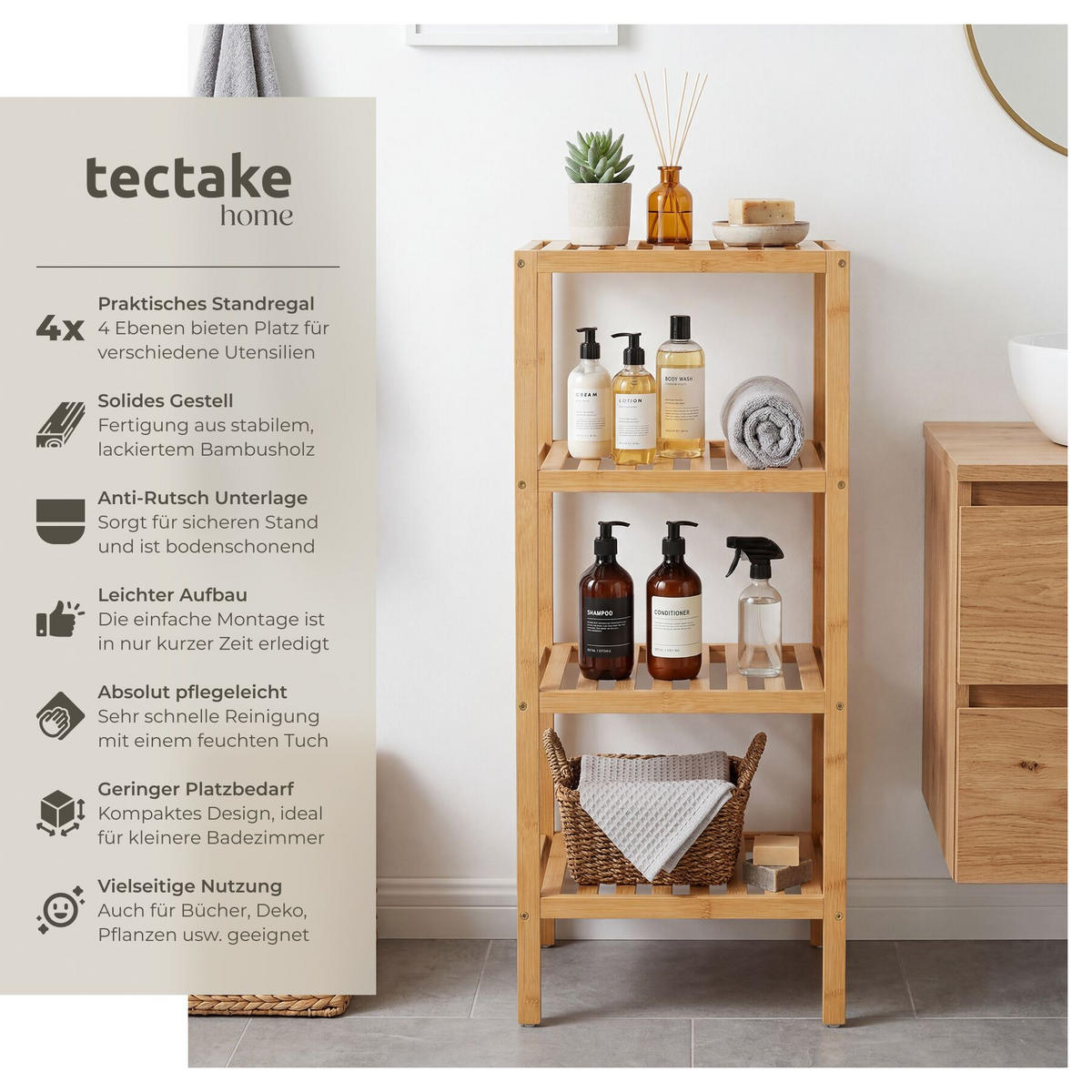 BADREGAL Cornelia, 33 x 33 x 97 cm, braun - Braun, Holz (33/97/33cm) - tectake