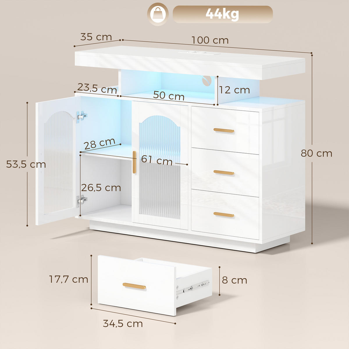 SIDEBOARD MDF Weiß - Weiß Hochglanz/Goldfarben, Holzwerkstoff/Metall (35/80/100cm) - HOMCOM