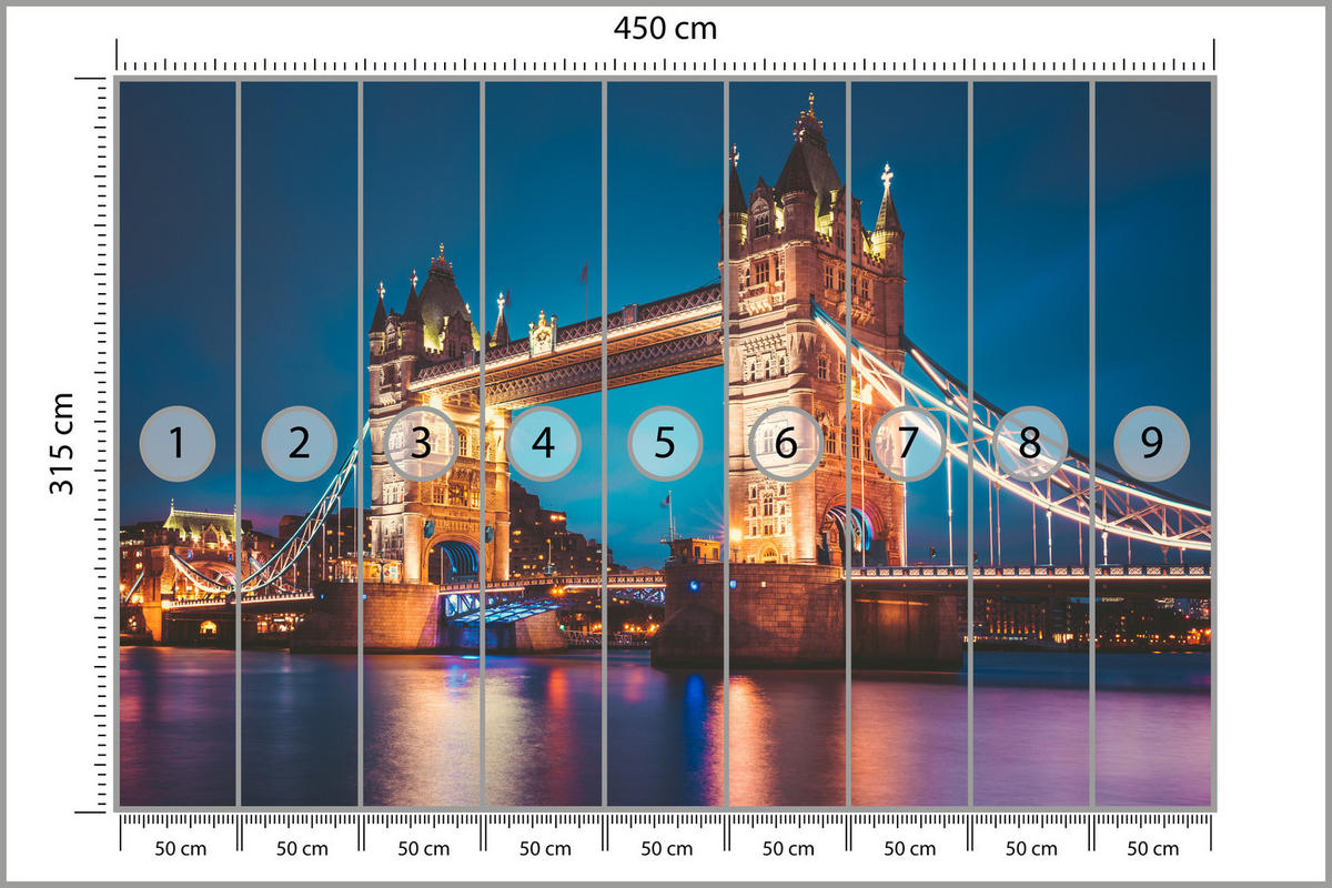 FOTOTAPETE für Wohnzimmer Tower Bridge London Thames Panorama 450x315 - Gelb/Rot, Papier (450/315cm) - Muralo