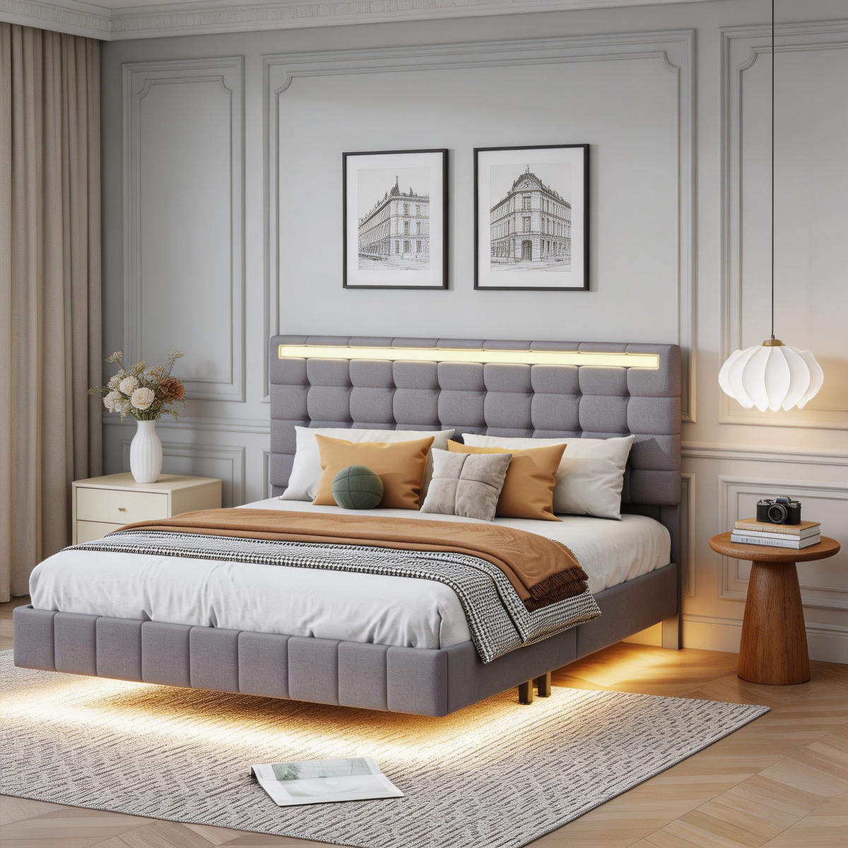 BETT 140x200 cm mit LED und USB, Doppelbett 140x200 cm mit Lattenrost, schwebendes Design, Leinenbezug Grau - Grau, Holz/Textil (140/200cm) - GENKI LIVING