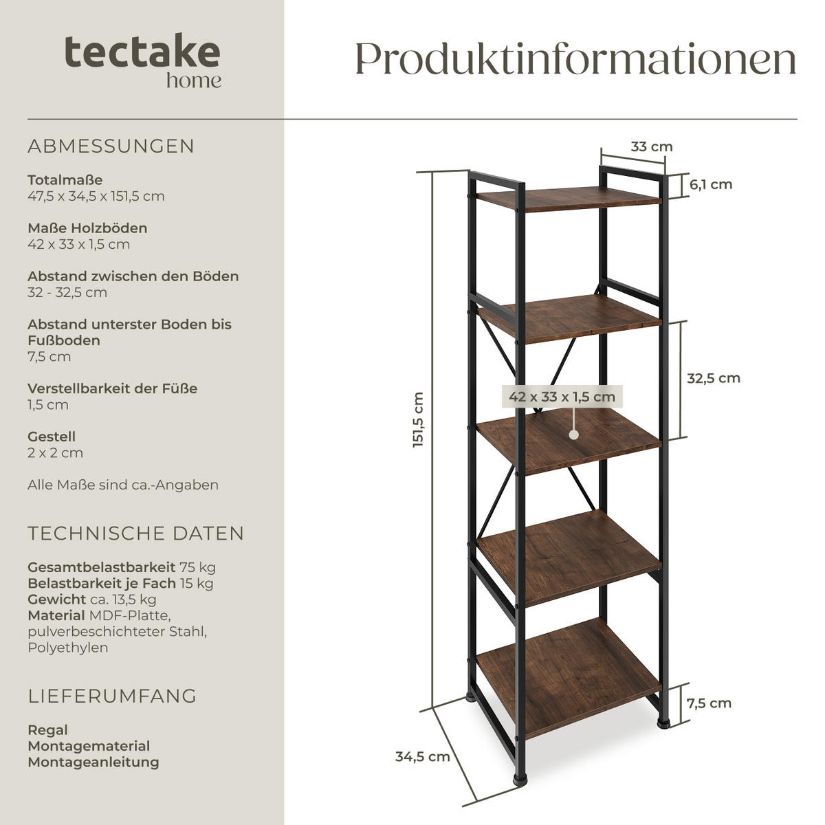 REGAL Manchester,inklusive Kippschutz, 47,5 x 34,5 x 151,5 cm,Industrial Holz dunkel, rustikal - Rostfarben, Holz (34.5/151.5/47.5cm) - tectake