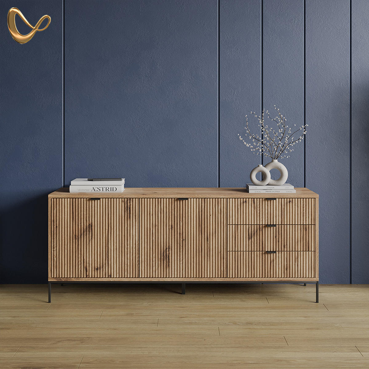 LOWBOARD Aterno Viking Oak 150 x 60 cm mit 3 Schubladen, 2 Türen - Eichefarben, Holzwerkstoff (150/60/42cm) - Livinity®