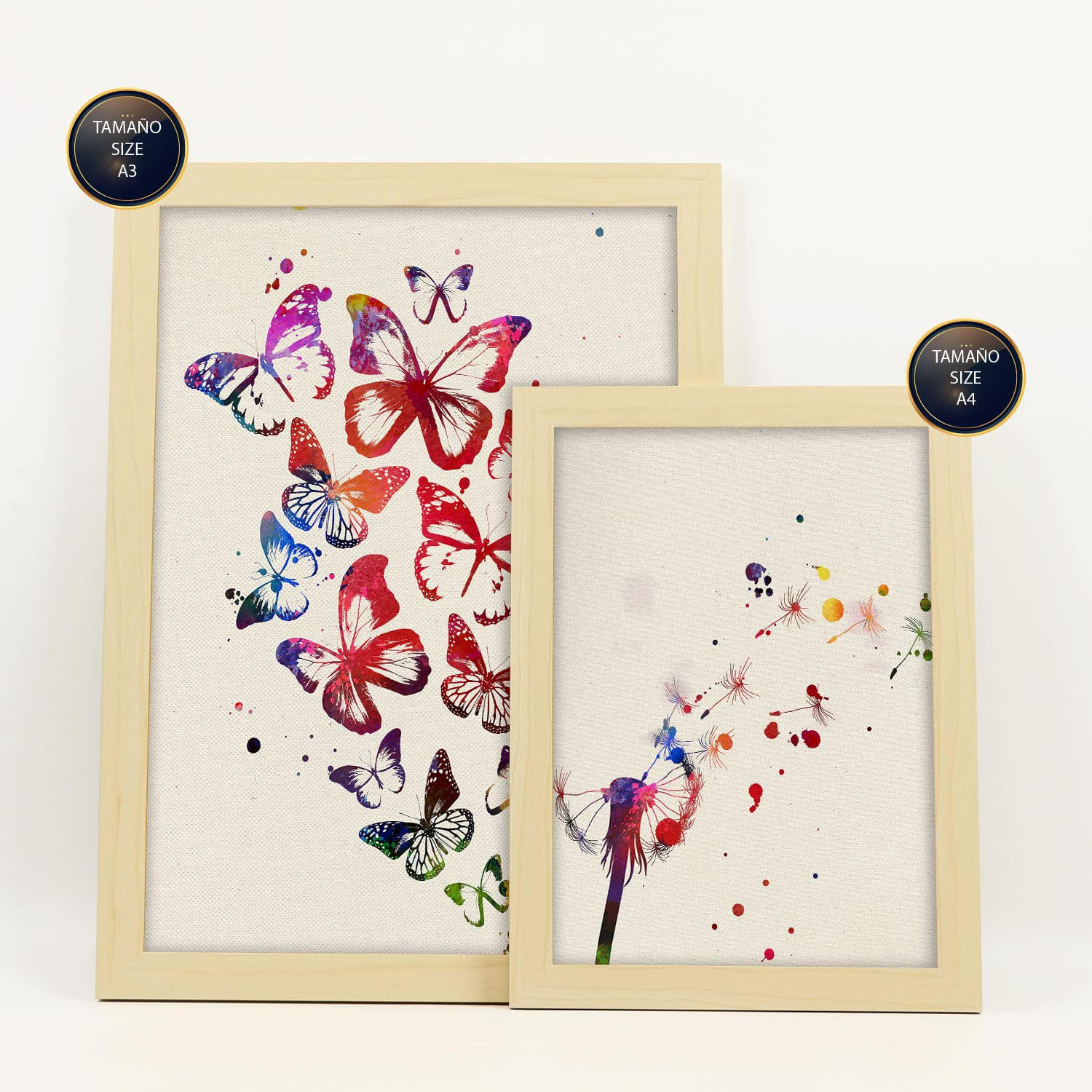 POSTER Set Mit 6 Natur Illustrationen Im Aquarell Stil Von Pflanzen, Blumen, Schmetterlingen Und Vögeln A3 & A4 Rahmen Aus Hellem Holz - Beige, Papier (29/3cm) - Nacnic