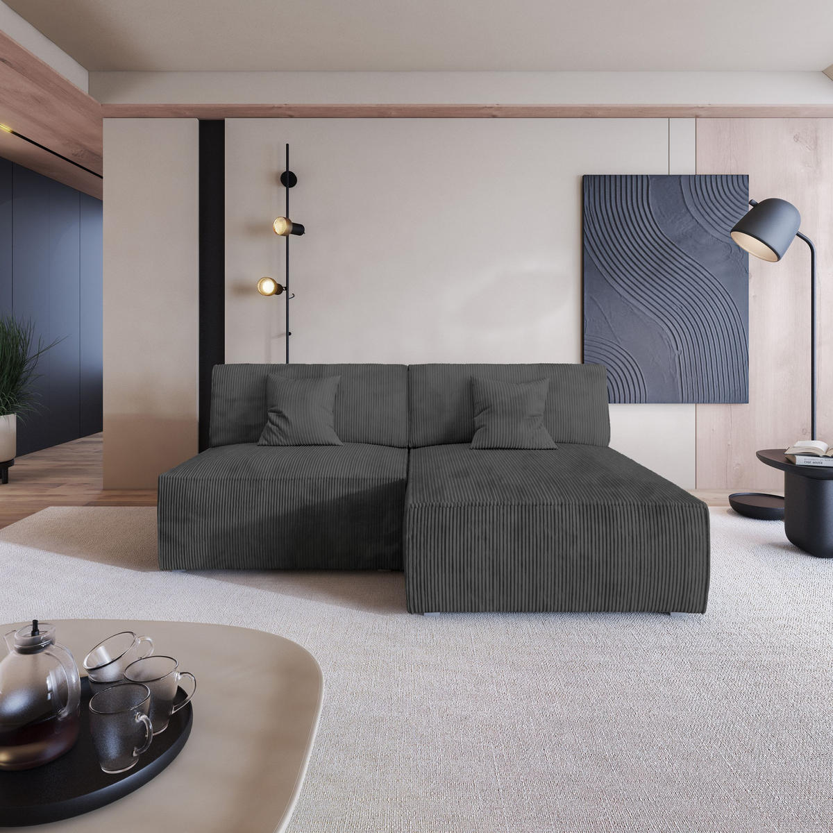 ROHOVÁ SEDAČKA FIORO grafitová - šedá/grafitová, dřevo/textil (204/148cm) - MASSENO