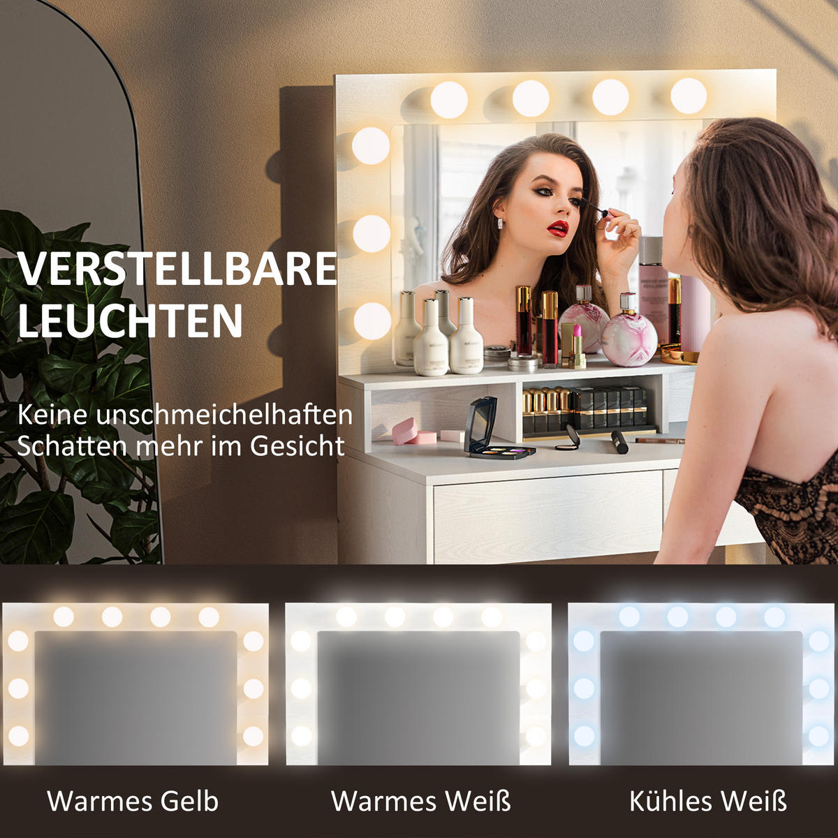 SCHMINKTISCH mit LED-Beleuchtung Frisiertisch mit Spiegel einstellbar Helligkeit - Weiß, Holzwerkstoff (40/135/80cm) - HOMCOM