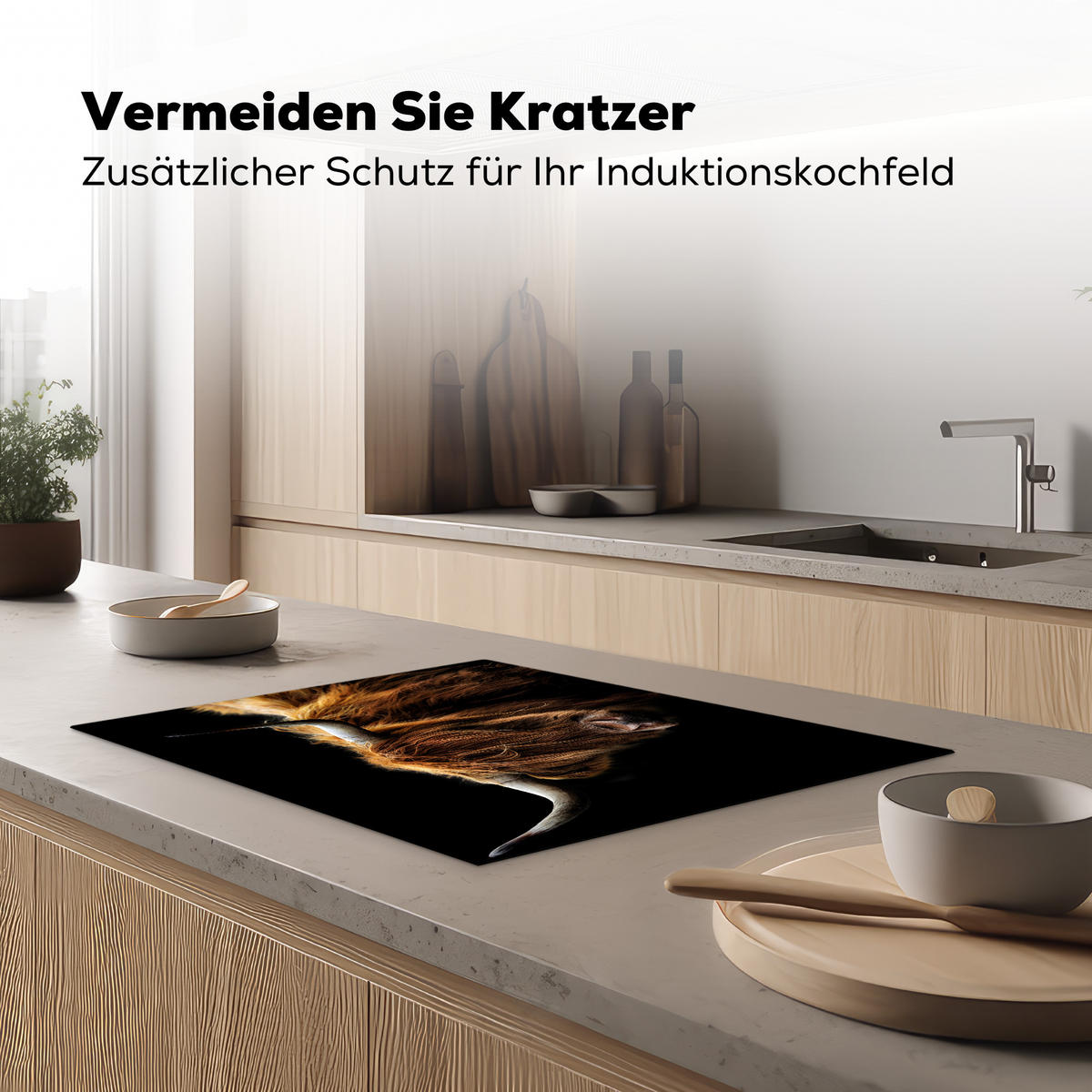 HERDABDECKPLATTE Schottischer Highlander - Hörner - Schwarz - Tiere - Natur - Wild - Kuh Herdabdeckung Induktionsfeld 70x52 cm - Cognac, Kunststoff (70/52/0.2cm) - MuchoWow