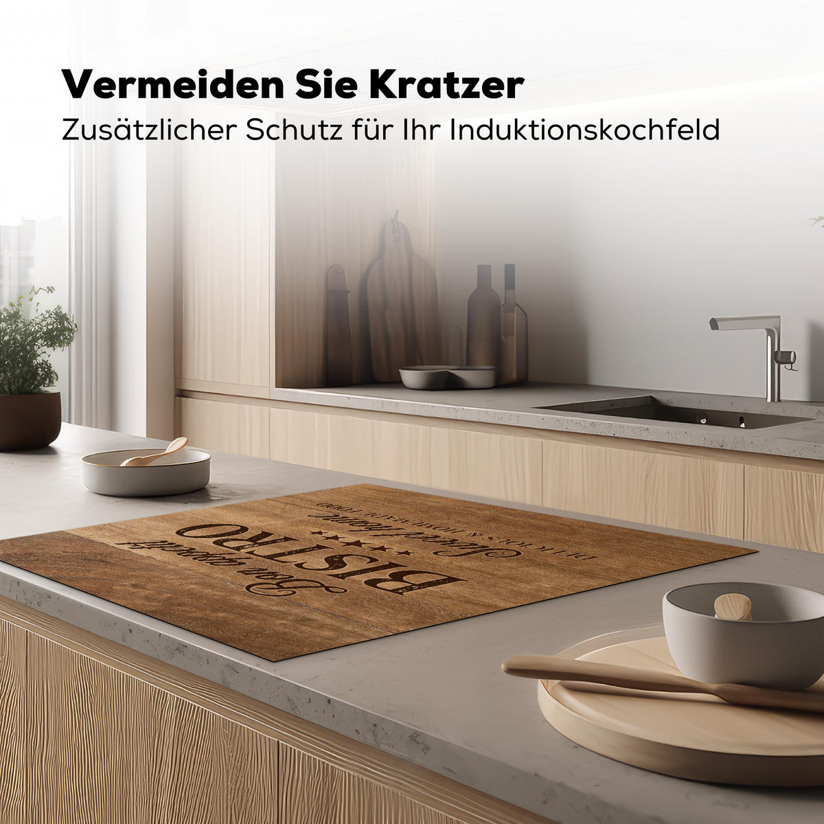 HERDABDECKPLATTE Zitat - Bistro - Guten Appetit - Süßes Zuhause - Holzmaserung Induktionsmatte 78x78 cm - Braun, Kunststoff (78/78/0.2cm) - MuchoWow