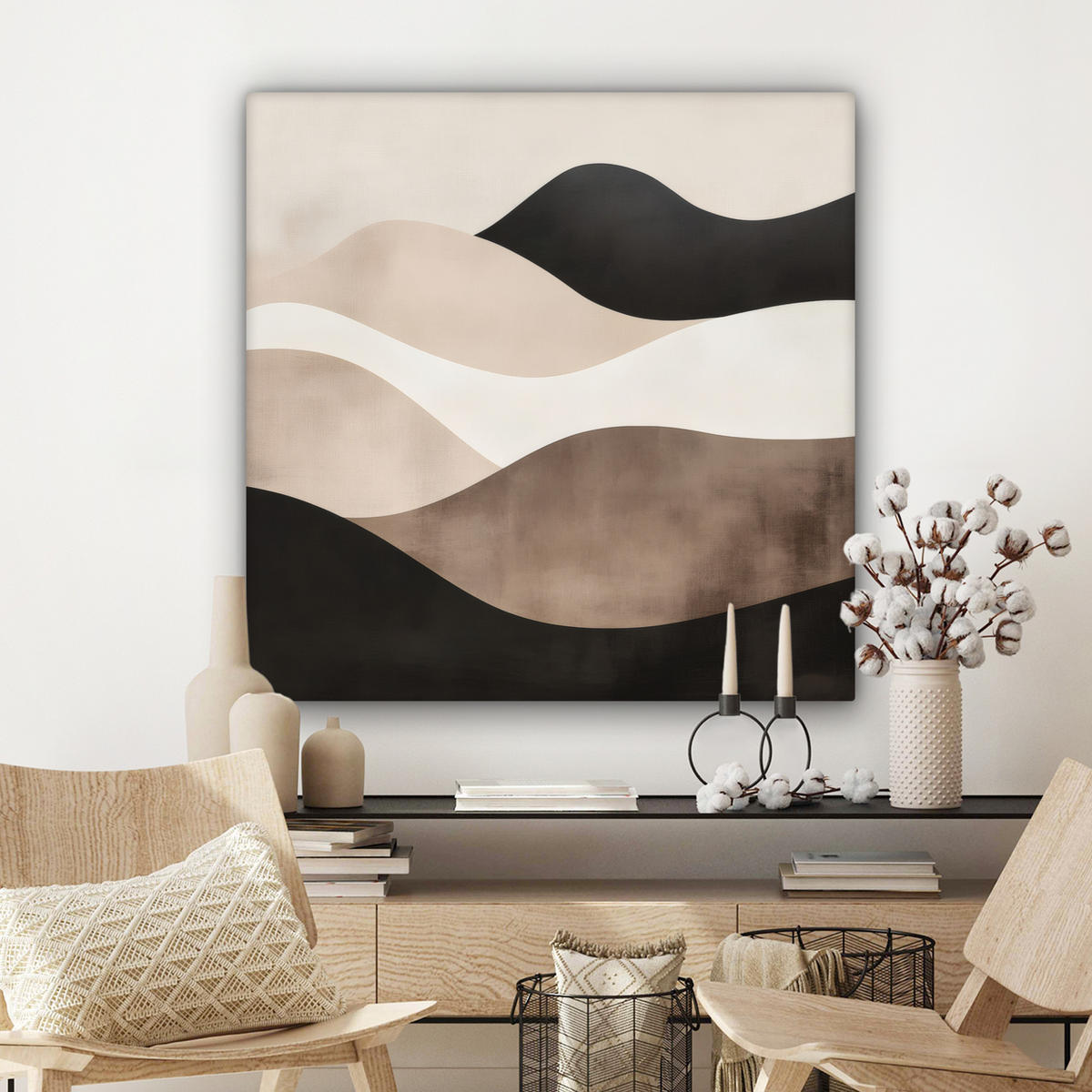 LEINWANDBILD Abstrakt - Landschaft - Wellen - Cremefarben Deko Groß 90x90 cm - Cappuccino, Textil (90/90cm) - MuchoWow