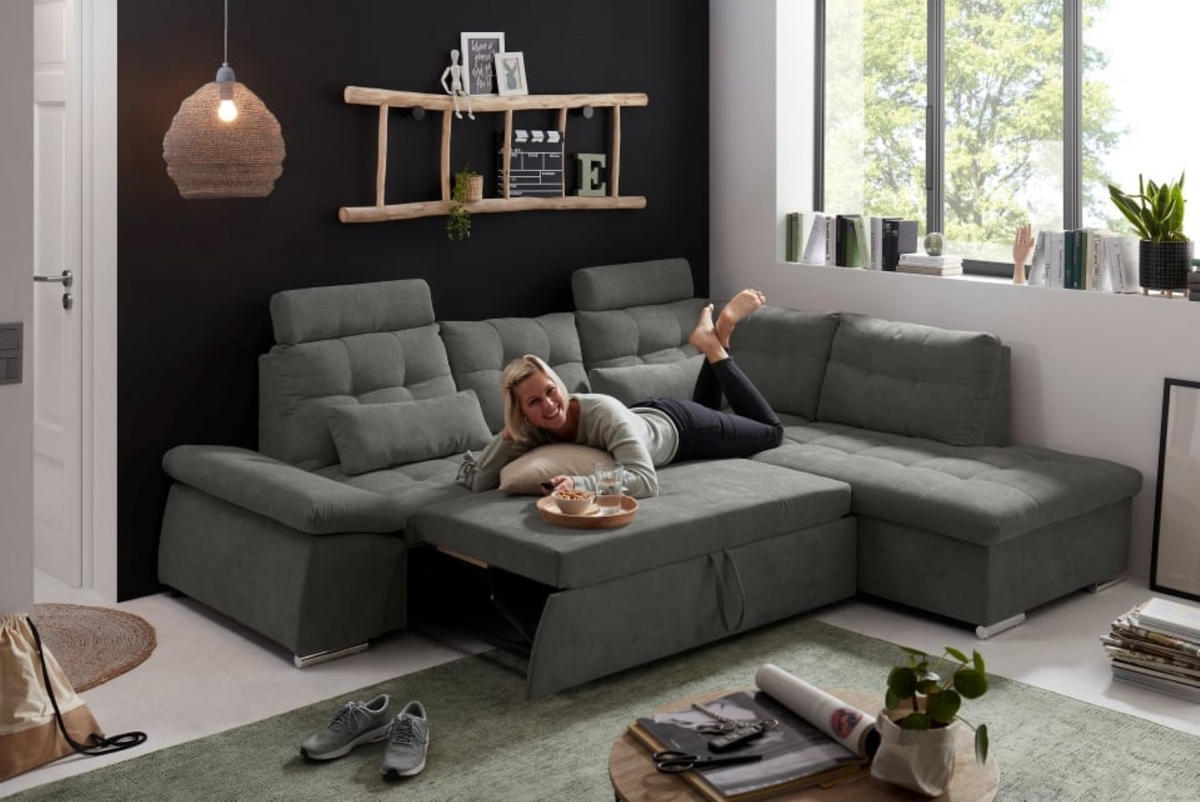 ECKSOFA mit Schlaffunktion, Bettkasten und verstellbarer Armlehne - Chromfarben/Grau, Textil (219/260cm) - ed exciting design