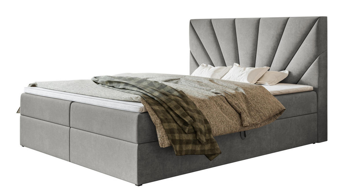 BOXBETT DENVER mit 2 Bettkästen, 180x200, Farbe: Grau, Velourstoff, Doppelbett mit Bonell-Matratze - Grau, Holz/Kunststoff (180/200cm) - Alpi-Möbel