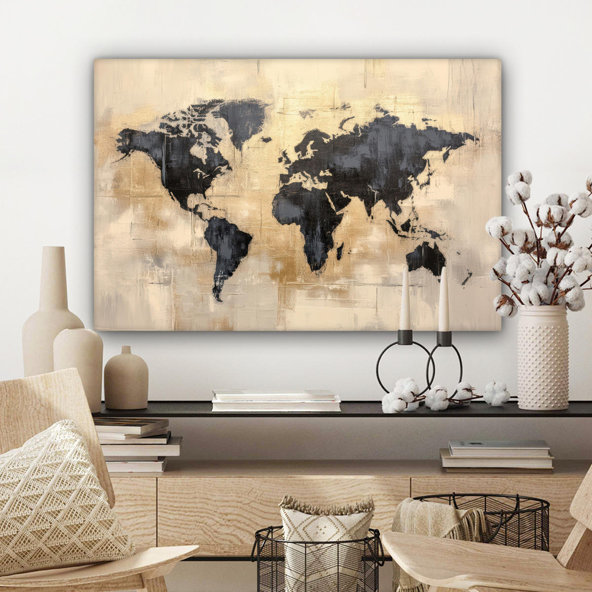 LEINWANDBILD Weltkarte - Gold - Schwarz - Abstrakt Gemälde 60x40 cm - Kupferfarben, Textil (60/40cm) - MuchoWow