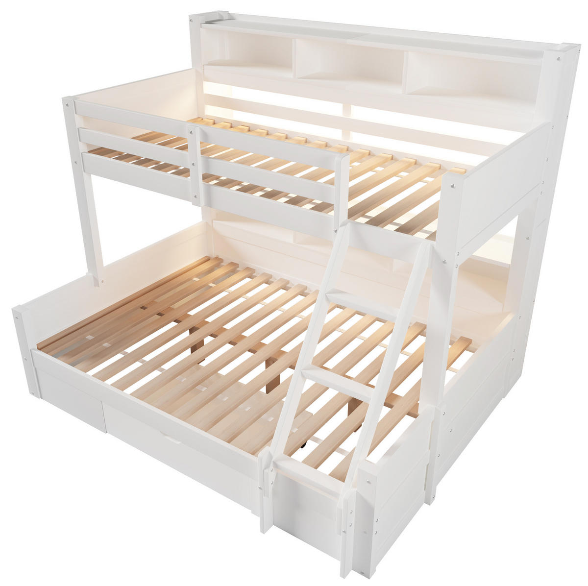 ETAGENBETT 90/200 cm + 140/200 cm mit LED-Beleuchtung, Stauraum, Schublade und variabler Leiter aus Massivholz, Weiß - Weiß, Holz (90/200cm) - Redom