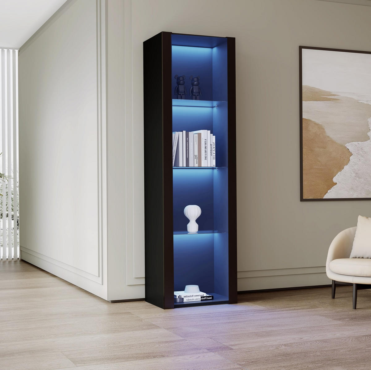 VITRINE 55/38/166 cm schwarz aus Spanplatte mit LED und 3 Glasböden - Schwarz, Holzwerkstoff (55/166/38cm) - OKWISH