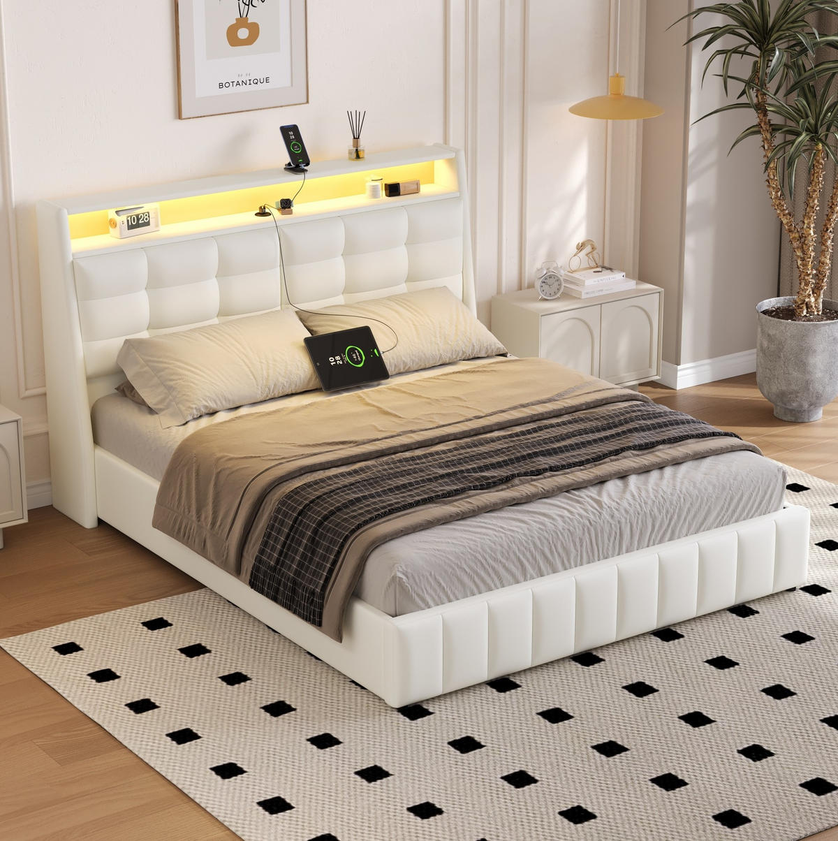 BETT mit Stauraum, LED und USB 160x200 cm Weiß - Weiß, Metall (160/200cm) - Meubliv